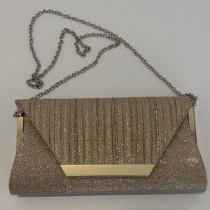Metallic Gold Evening Clutch purse gold tone trim contrast silver tone strap